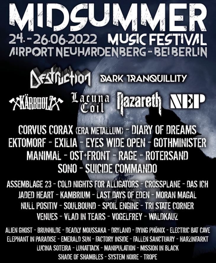 News: Midsummer Music Festival 2022 vom 24.-26.6. mit u.a. Destrucion, Lacuna Coil, Nazareth uvm.